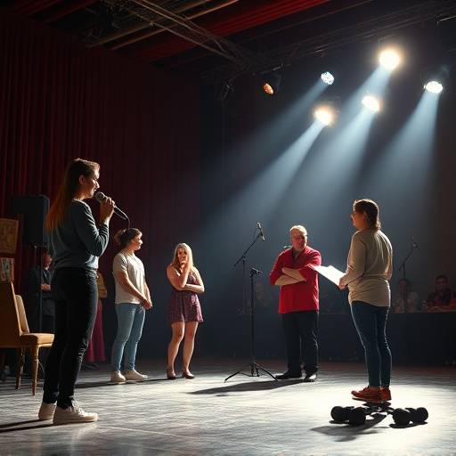 Un groupe d'acteurs auditionnant devant un jury dans une salle de théâtre.